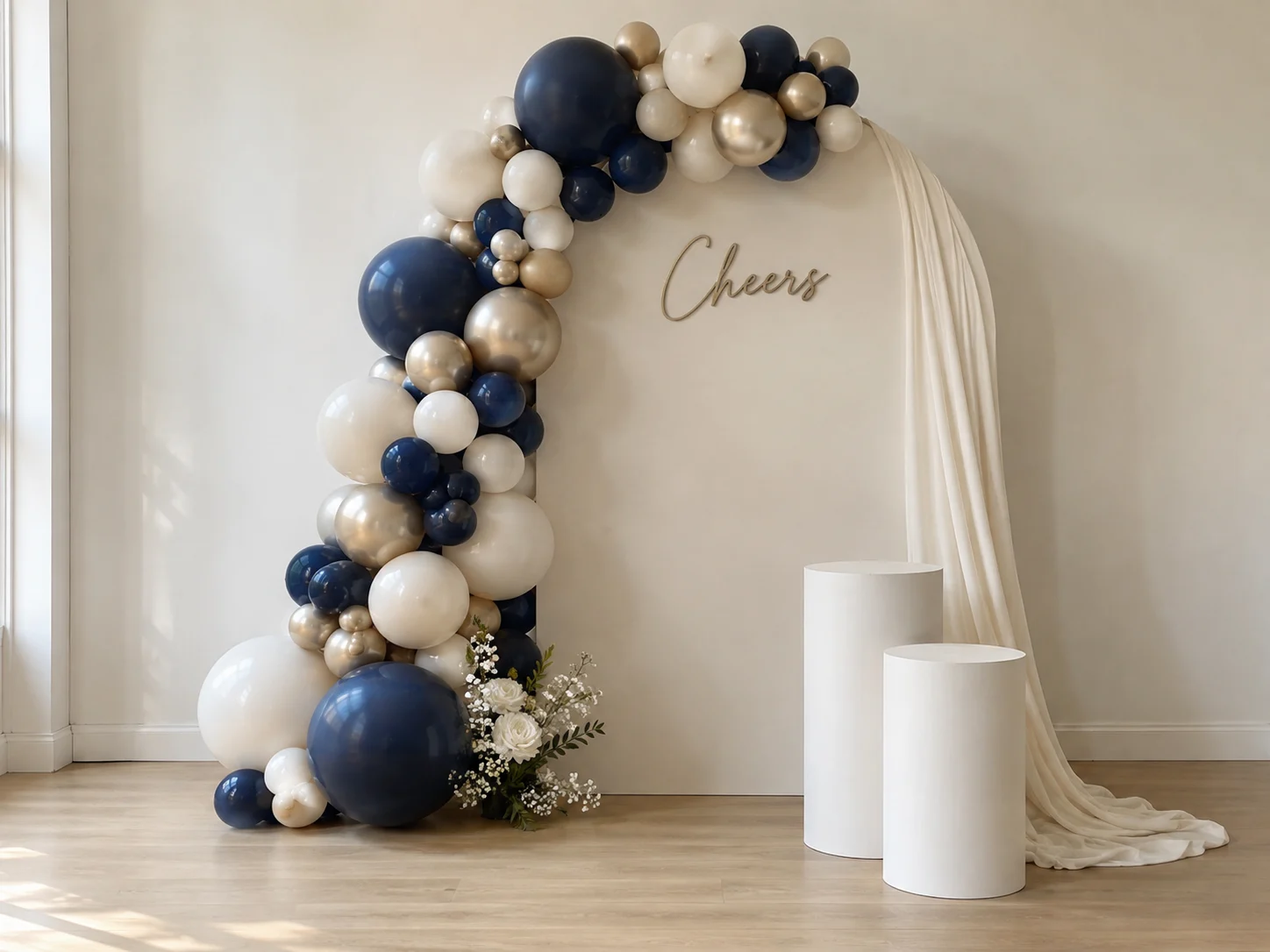 Midnight Wish balloon arch, backdrop and plinth styling concept