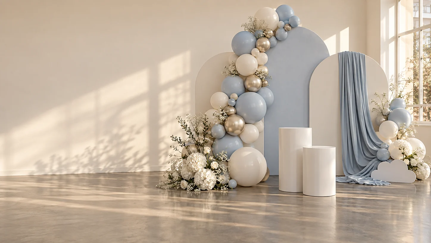 Blue and ivory balloon setup with three arches, white display stands and a cloud cut-out