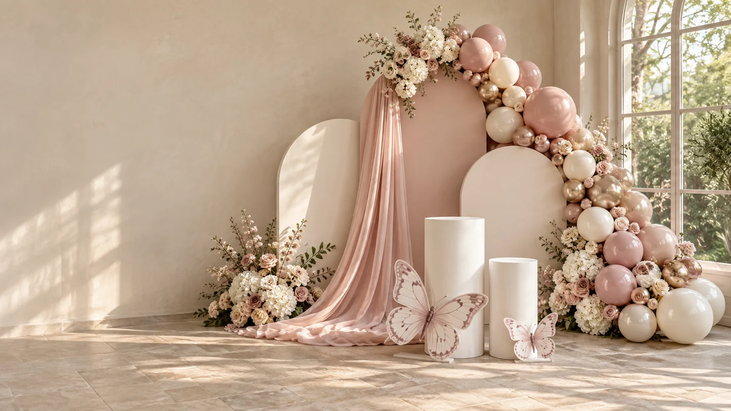 Blush and ivory celebration with layered arches, draping, flowers and butterfly cut-outs